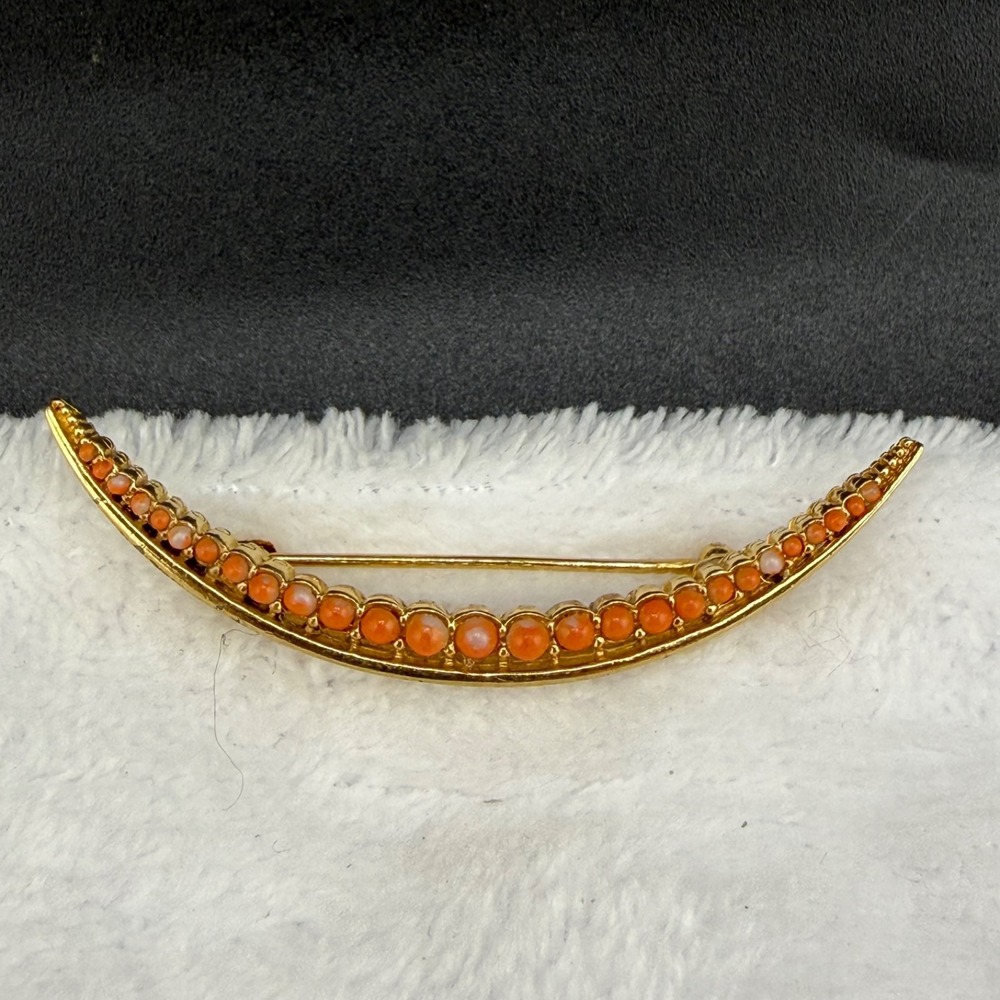 Vintage Estate Crescent Moon Brooch Gold Tone Orange Celestial 2in